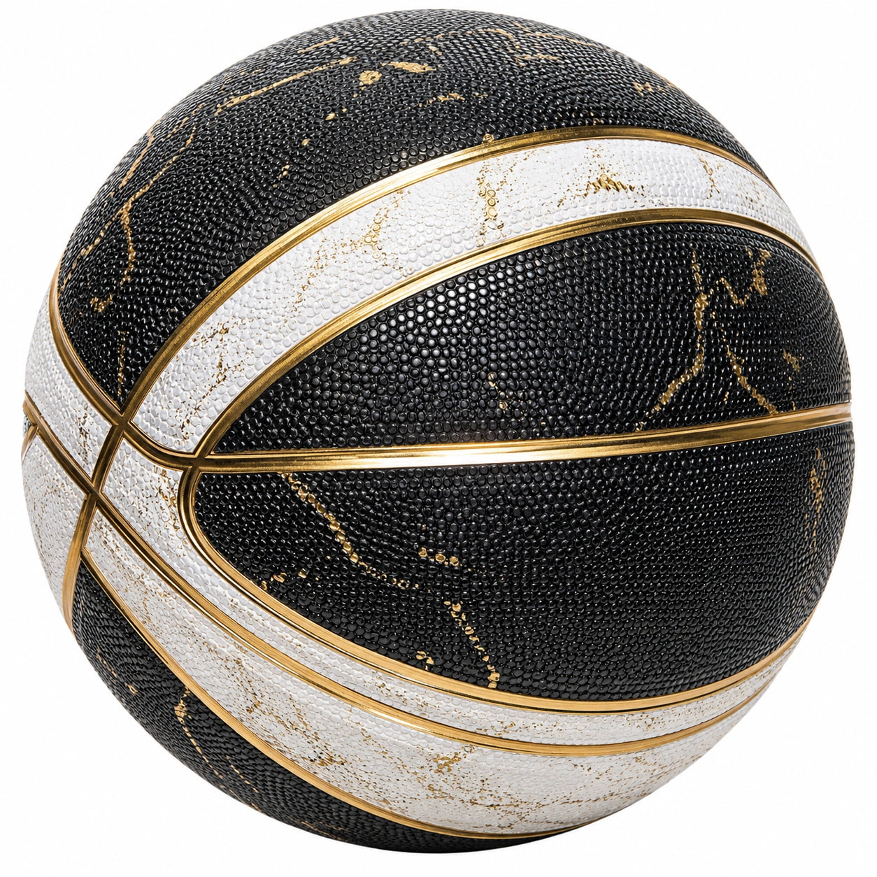 Ballon de basket avec design noir, blanc et doré